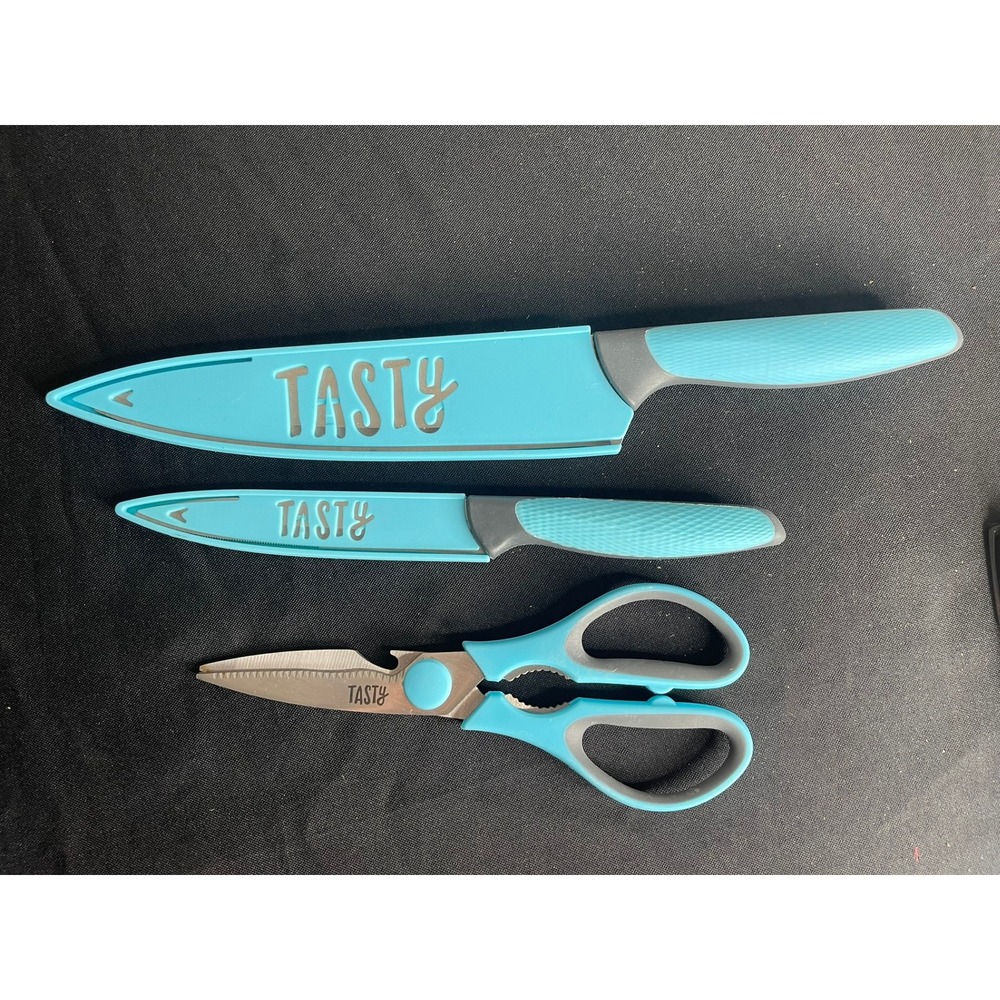 Tasty 3 Piece Kitchen Knife Set Teal Blue 8in Chef 5in Utility & Shears Scabbard